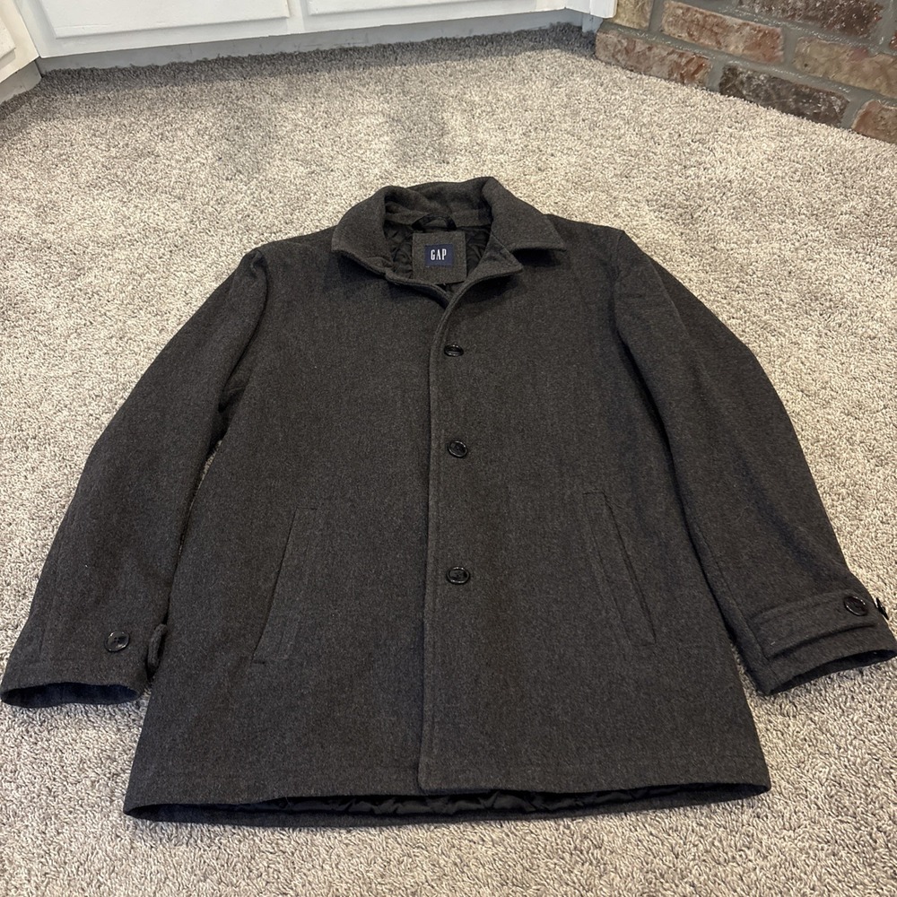 Gap Wool Blend Overcoat Mens Large Gray Grey Quilted Lining Single Breasted Warm